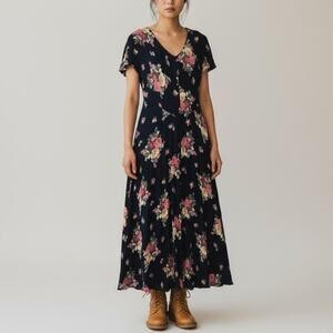 Vintage Nostalgia Rayon Black Floral Maxi Dress Basque Waist Short Sleeve Sz S